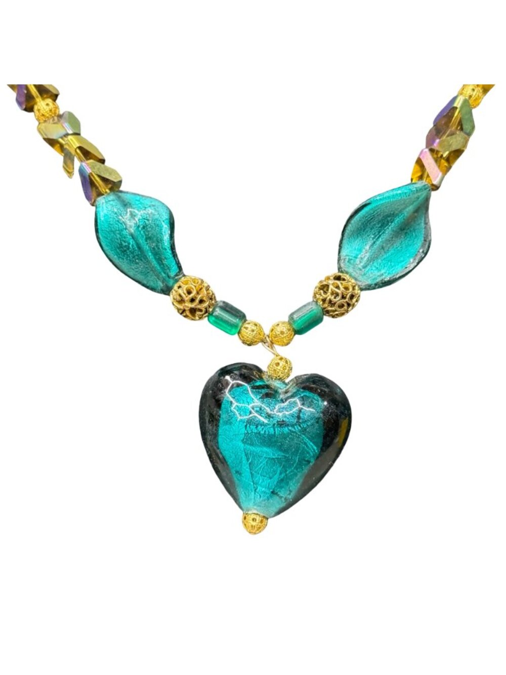 Vintage Green Glass Teal Heart Pendant Necklace AB Oil Spill Beads 24" Statement - Picture 2 of 10